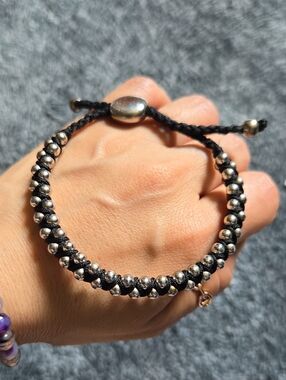 Adjustable Black Macrame Bracelet with Silver Beads